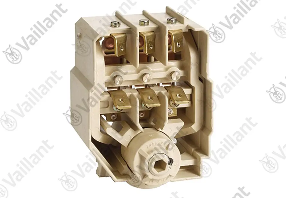 Vaillant Strömungsschalter in beige, mit mehreren Anschlussklemmen, Metallkontakten und einem drehbaren Anschluss an der Unterseite.